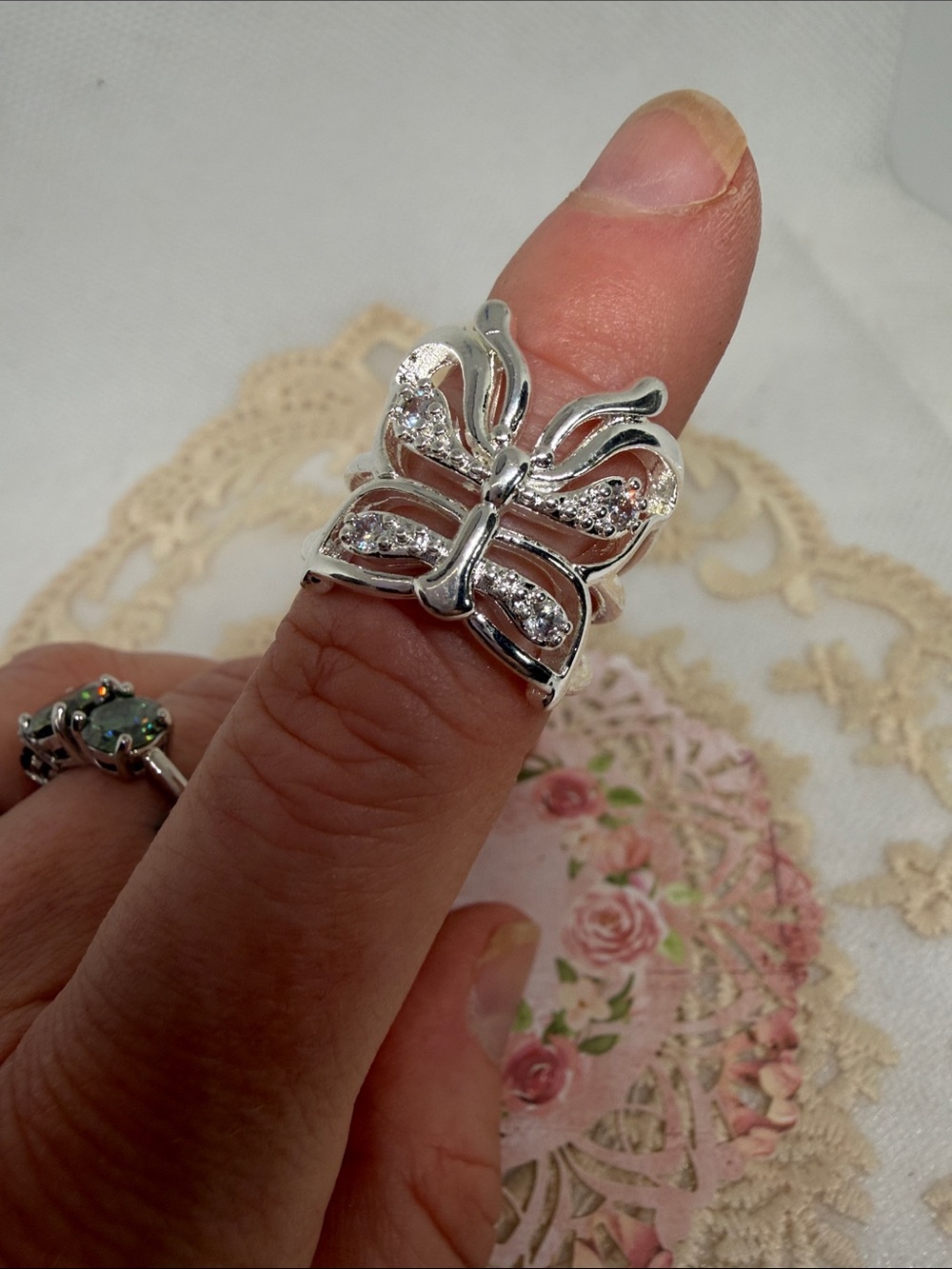 925 Sterling Silver Butterfly Ring Sz 6 CZ Accents Romantic Cottagecore